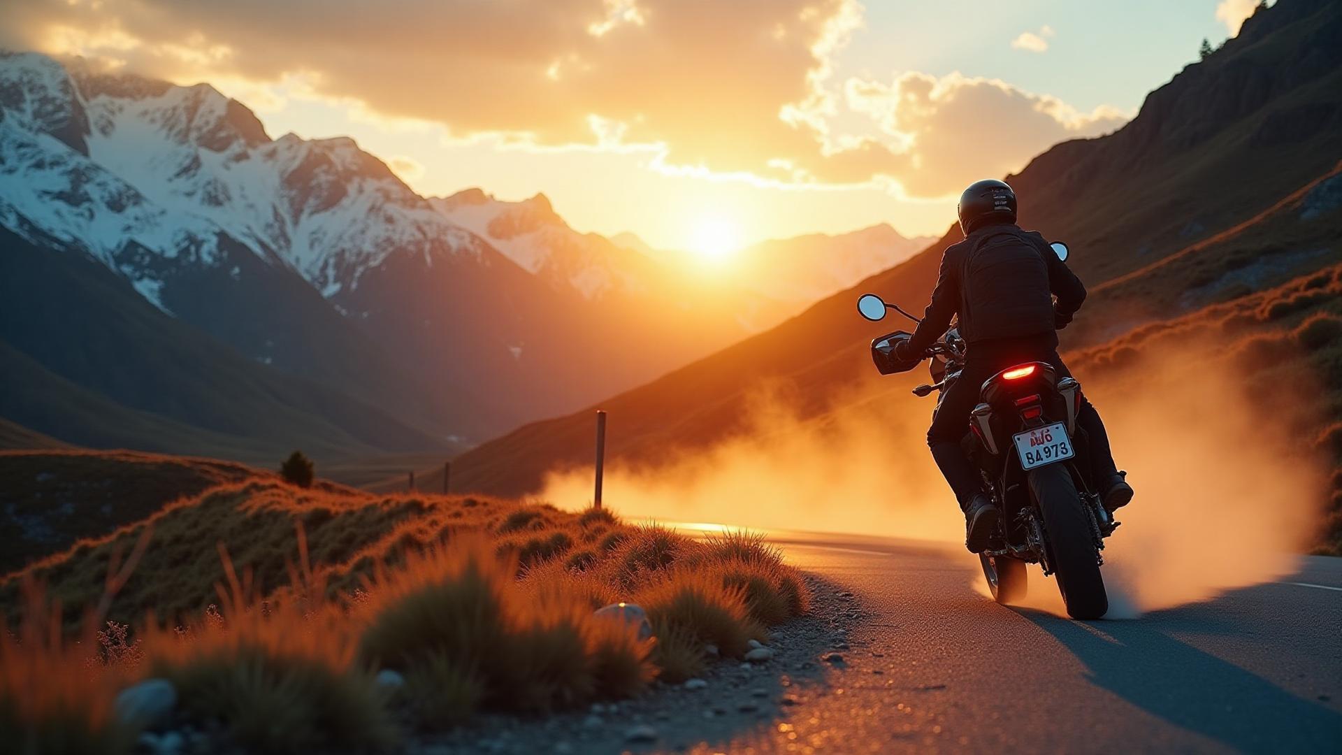 Motorsyklist kjører mot solnedgang i norske fjell